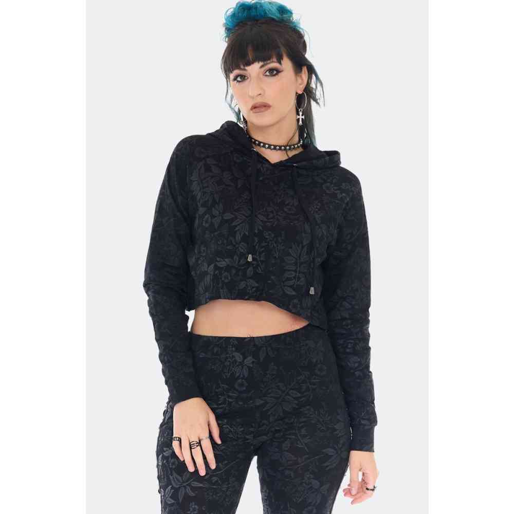 Jawbreaker - Cat Print Cropped Hoodie/trui - Zwart